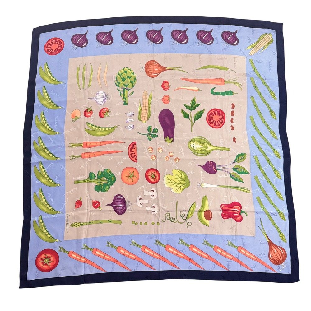 Vintage Nicole Miller Women's Blue Vegetable Food Print Silk Square Scarf 35"